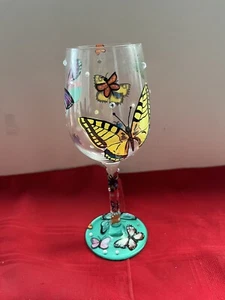 LOLITA NOVELTY 15oz BUTTERFLY WISHES HAND PAINTED WINE GLASS W RECIPE EUC - Picture 1 of 9
