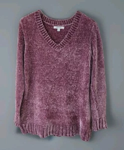 Orvis Chenille Pullover Sweater L Mauve Pink V Neck Side Slits Soft Warm Cozy - Picture 1 of 14