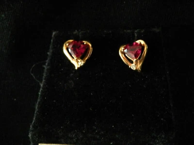 Beautiful 10k Yellow Gold Lab-Created Ruby Heart Stud Earrings #1294 - Image 1 of 4
