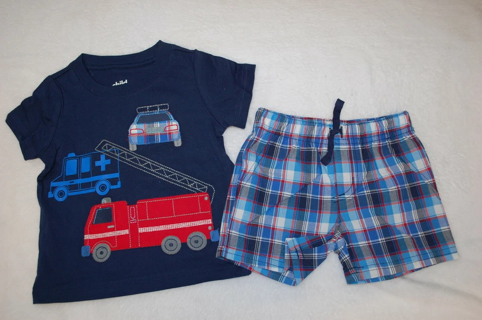 Bebé Niño AZUL MARINO S/S CAMISETA Policía Camión de Bomberos Ambulancia PANTALONES CORTOS Cuadros 3-6 MO Foto 1 de 1