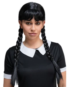 Scary School Girl Wig Adults Halloween Black Pleated Wig Fancy Dress Accessory - Picture 1 of 1