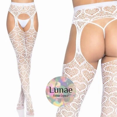 LUNAE Suspender fishnet tights HEART stocking crotchless 8/10/12/14/16 cut-out rave UV