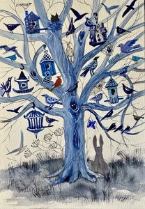 Pamela Wilhelm Original Watercolor 8.3”x5.8” Rabbit Tree Of Life Birds Birdhouse - Picture 1 of 2