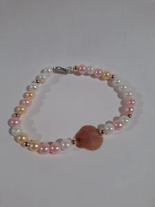 Handmade Pink Scallop Shell Pink Cream Pastel Beaded Lobster Claw Bracelet 3" - Picture 1 of 7