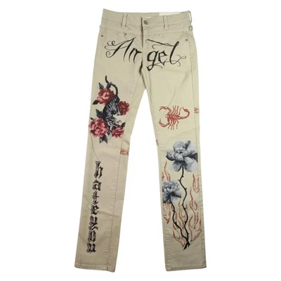 Pantalones de mezclilla BDG para mujer 24x32 beige tiro bajo ajustados ángel floral gráfico punk urbano NUEVO Foto 1 de 4