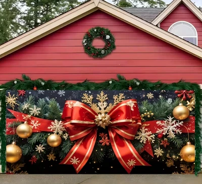 Christmas Bow Red Bow Festive Garage Door Banner Cover Fibre Holiday Party Decor - image 1 of 4