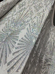 Silver Iridescent Sequin Stretch Lace Fabric By The Yard Prom Bridal Dress Gown - Picture 1 of 6