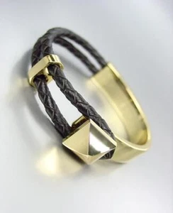 UNIQUE Gold Spike Stud Black Braided Leather Cords Loop Clasp Bracelet - Picture 1 of 5