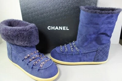CHANEL 40.5 Azul Marino Piel de Oveja Oro Cadenas Tejidas Botas Cortas Botines al Tobillo Planos NUEVO Foto 1 de 4