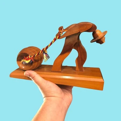 Vintage Wood Folk Art Figurine Man Pulling Barrel MCM - Image 1 of 4