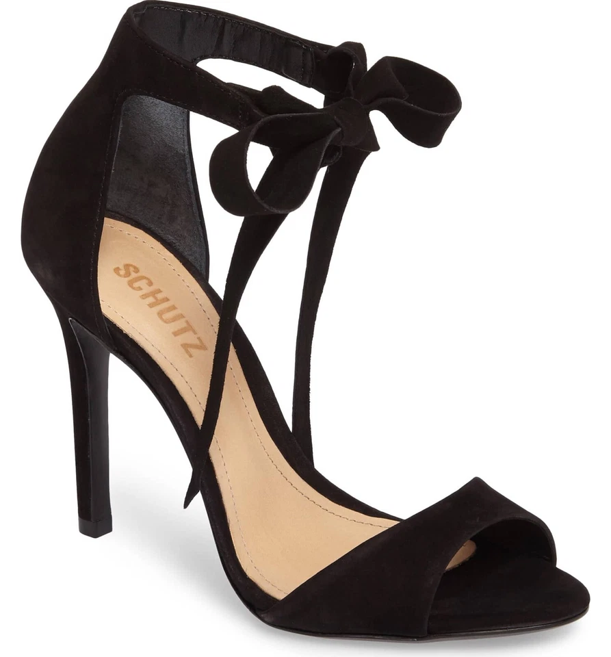 Schutz Talla 9.5 Negro Gamuza Nubuck Tie Sandalia Peep Toe Tacón Alto Cuero Zapato Foto 1 de 4