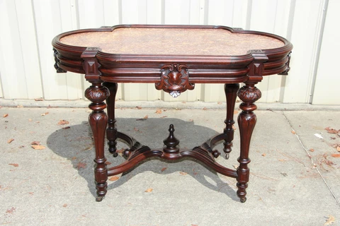 Exceptional Large Walnut Victorian Picture Frame Marble Top Library Center Table Cover
