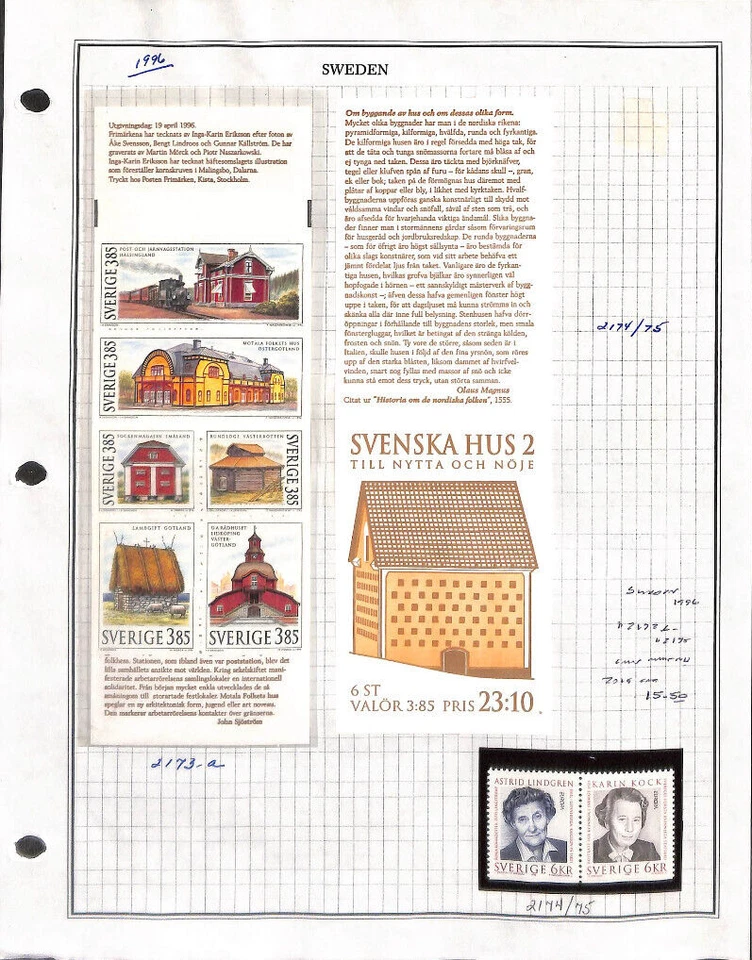 Sweden, Postage Stamp, #2173a Booklet 2174-75 MNH, 1996 Historic Buildings - Image 1 of 1