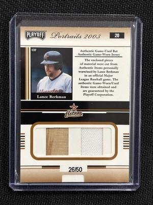 2003 PLAYOFF PORTRAITS LANCE BERKMAN DUAL RELIC #/50 GU JERSEY BAT ASTROS  - Image 1 of 2