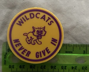 Vintage Kunststoff Pin Button Northwestern University Wildcats Never Give In - Bild 1 von 2