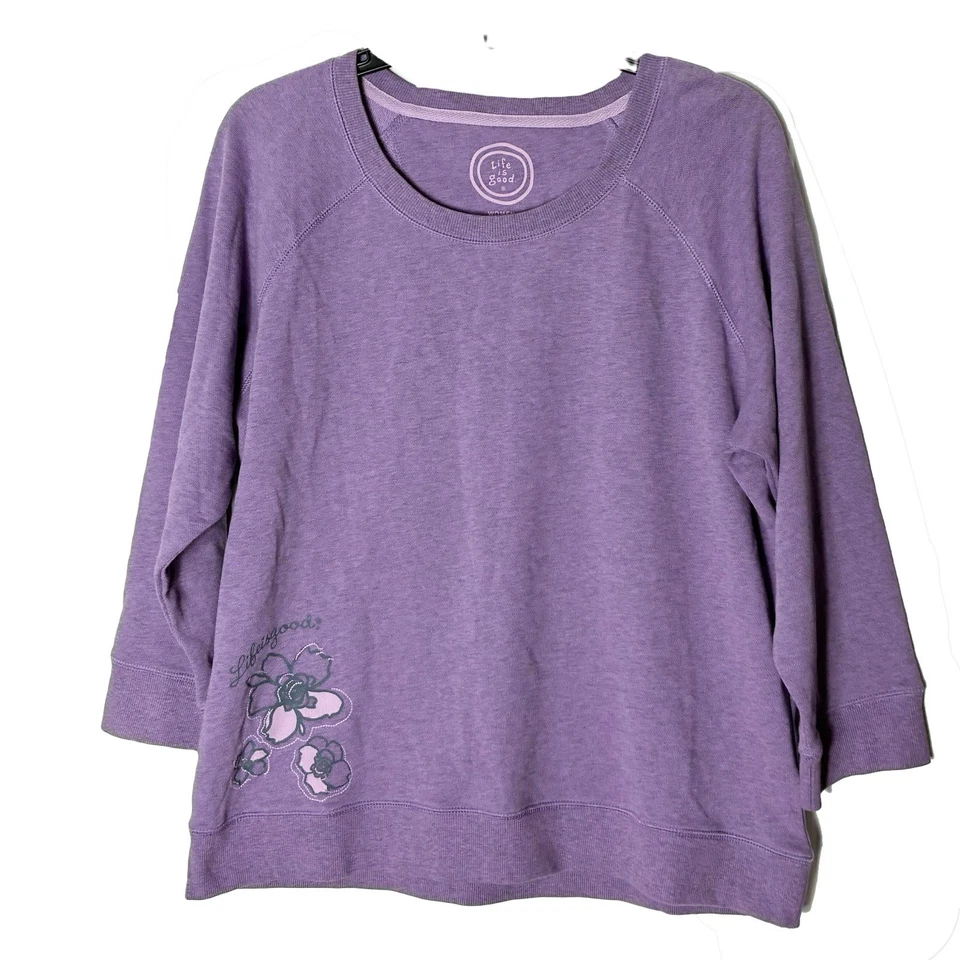 Sudadera para mujer Life Is Good semi ajustada púrpura con gráfico floral L 3/4 Slv nueva sin etiquetas Foto 1 de 4