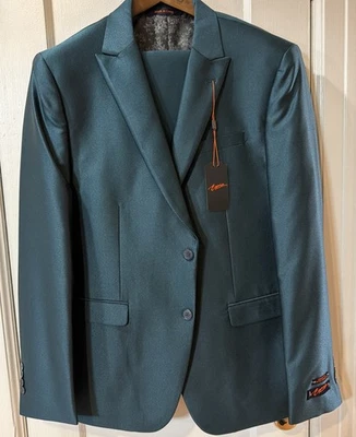 Traje Egara Para Hombres Satén Sedoso Calce Ajustado Verde Azulado Oscuro Piel de Tiburón 46 Reg Años 60 Estilo Mod Foto 1 de 4