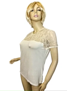 Neu mit Etikett $ 89,50 Ralph Lauren DAMEN OBERTEIL LARGE STRETCHIG ELFENBEIN SHIRT mit SPITZENTOP/SLVS  - Bild 1 von 13