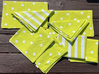 8pc Tag Ltd 4 Placemats 4 Napkins Lime Green  REVERSIBLE Stripe Polka Dot Cotton - Image 1 of 4
