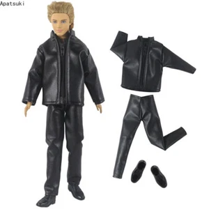 Black Fashion Clothes For 12" Boy Doll Outfits Leather Zipper Coat Pants Shoes - Picture 1 of 4