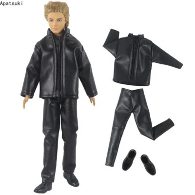 Черная модная одежда для мальчика 12» кукла наряды кожи молнии пальто брюки туфли - Изображение 1 из 4