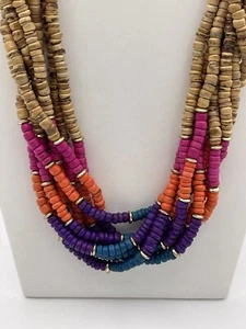 Beaded Layered Necklace Multicolor Dyed Wood Multi Strand Boho - Picture 1 of 6