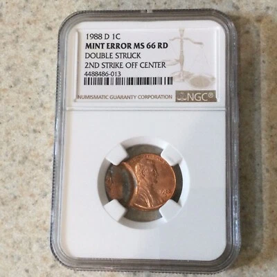 1988D 1C NGC MS66RD Double Struck 2nd Strike Off Center Mint Error~2 Full Dates - Image 1 of 3