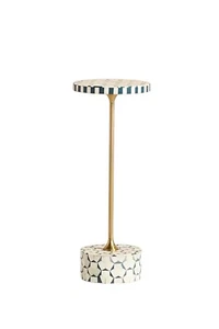 Bone Inlay Geometric Drink Table – Round Handmade Accent Table with Brass Accent - Picture 1 of 6