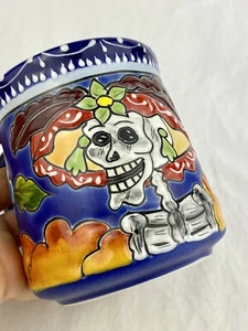Talavera Mug Mexico Day of the Dead Cup Art Pottery Floral 3D Hand Painted - Picture 1 of 9