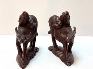 Pair Antique Chinese Carved Wooden Figurines 'Boy on Water Buffalo' - Glass Eyes - Picture 1 of 11