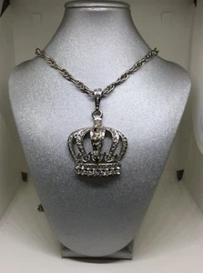 Rhinestone Bling And Silvertone Crown Pendant Chain 26” Link Necklace Hip Hop - Picture 1 of 6