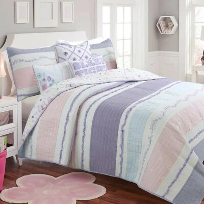 Lavender Light Pink Blue Ruffle Girl Cotton Quilt Set, Bedspread, Coverlet - Image 1 of 4
