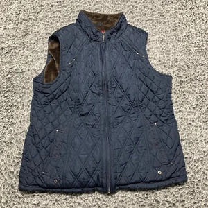 Ellen Tracy Quilted Vest Women Large Navy Blue Polyester Faux Fur Lined Full Zip - Picture 1 of 8