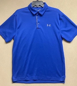 Under Armor Mens Polo Shirt Loose HeatGear Size M Activewear Mesh Knit Logo Blue - Picture 1 of 13