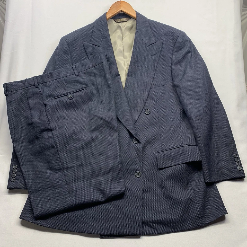 Paul Stuart Double Breasted Suit Men’s 44R 38x29.5” Pants Birds Eye Blue Wool - Image 1 of 4