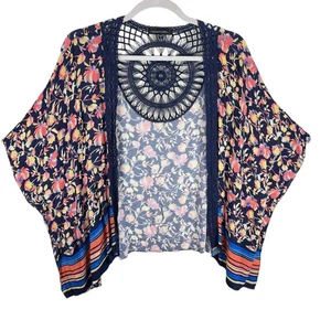 Colleen Lopez Boho bunte Blumen Häkel leichte offene Oversize Tunika M L - Bild 1 von 9