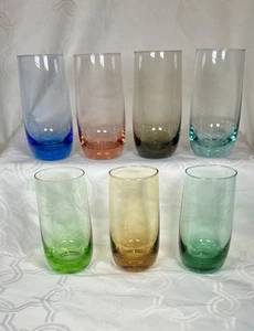 1960-1970’s MCM ADERIA TEBINERI Colorful Set Of 7 Glass Tumblers Bar Dinner Fun - Picture 1 of 10
