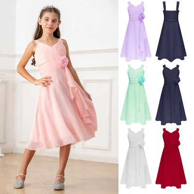 UK Girls Elegant Flower Dress Sleeveless Ruched Chiffon Dress Birthday Wedding  - Image 1 of 3