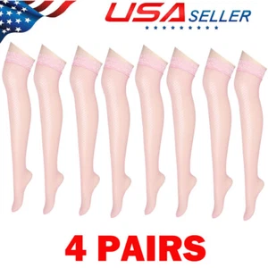 4 Pair Pink Women Stockings Lace Mesh High Thigh Fishnet Sexy Long Pantyhose - Picture 1 of 14