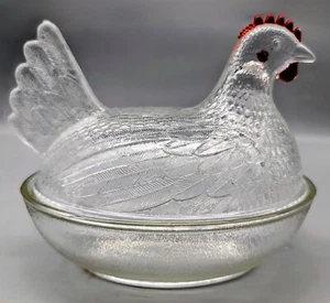 1940s Indiana Glass Hen Chicken On Nest Clear Candy Dish Red Comb 6” - Picture 1 of 6