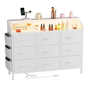 Dresser for Bedroom with Power Outlet LED Light 9 Fabric Drawers Closet White PU - Picture 1 of 12