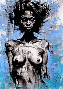 Nude Female ORIGINAL PAINTING Charcoal Modern Art naked women NO RESERVE Blue II - Picture 1 of 9