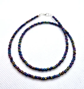 PEACOCK/PETROL CZECH PRECIOSA SEED BEAD CHOKER NECKLACE 18" N81 - Picture 1 of 3