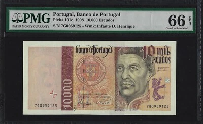 Portugal 10000 Escudos 1998 P-191 GEM UNC graded 66 - Image 1 of 2