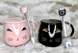 Open Box Pink & Black Cat Mugs With Spoons For Cat Lovers Cups - Picture 1 of 9
