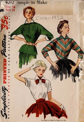 1952 Vintage Sewing Pattern Blouse Detachable Collar Cuffs Scarf B34” (2431) - Image 1 of 3