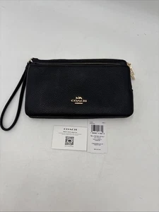 NEW Coach Black Crossgrain Leather Small Zip Top Wristlet 8''x5'' - Picture 1 of 12