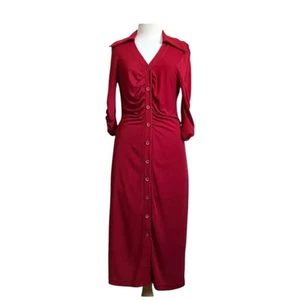 Review Womens Size 14 Fit 8 10 Red Collared Long Sleeves Ruched Dress Stretchy - Picture 1 of 10