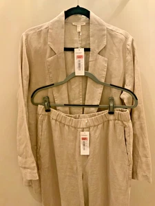 Nuevo Eileen Fisher Orgánico Lino Beige Frente Abierto Largo Blazer Chaqueta Pantalones Talla M - Imagen 1 de 12