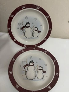 Royal Seasons Stoneware Two Snowmen Christmas Dinner Plates Set of 2 Burgundy - Picture 1 of 5
